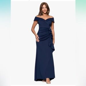 Xscape Formal Navy Gown with Sweetheart Neckline and Side Ruffle